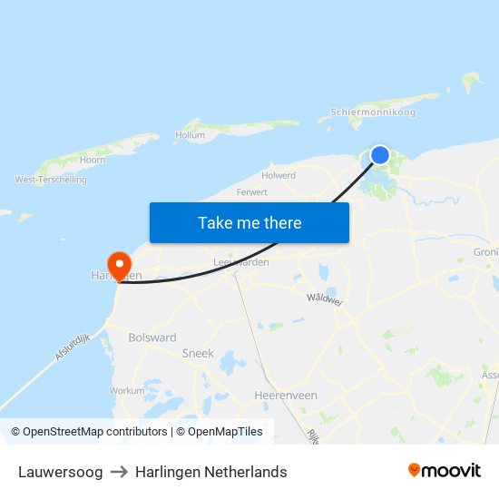Lauwersoog to Harlingen Netherlands map