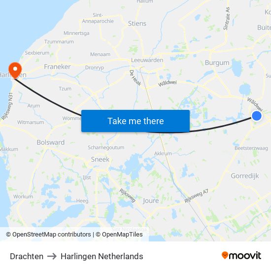 Drachten to Harlingen Netherlands map