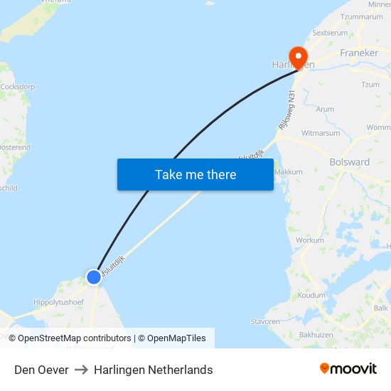 Den Oever to Harlingen Netherlands map