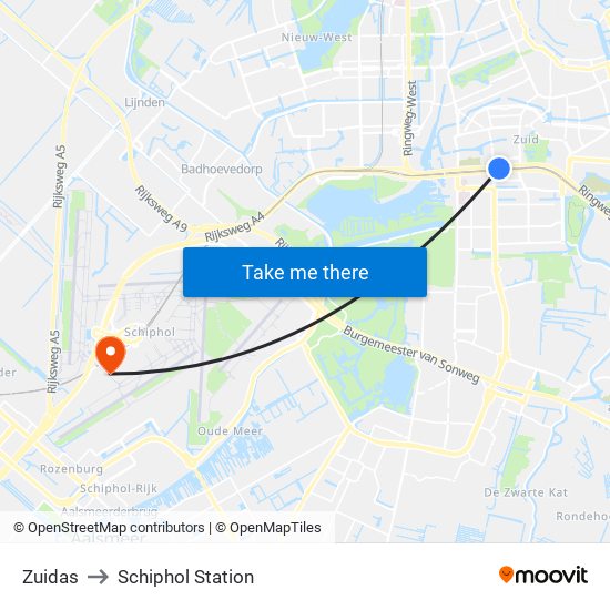 Zuidas to Schiphol Station map