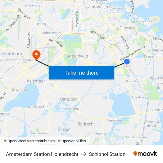 Amsterdam Station Holendrecht to Schiphol Station map