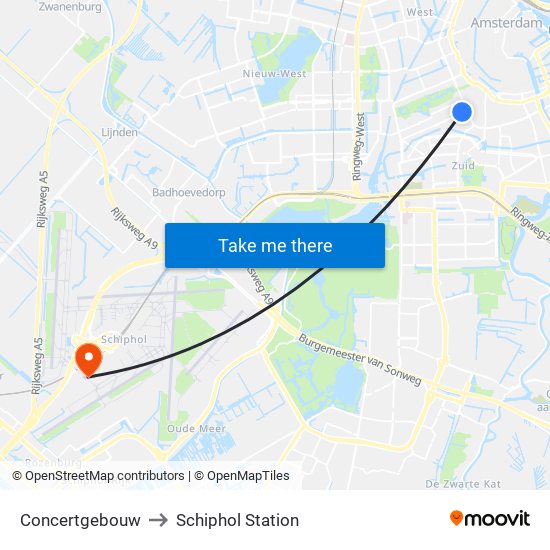 Concertgebouw to Schiphol Station map