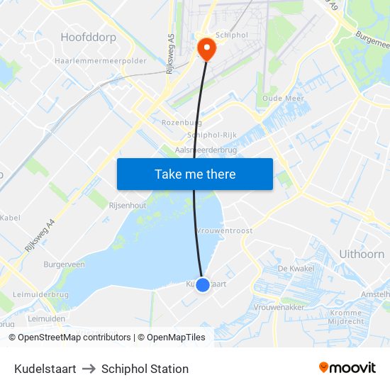 Kudelstaart to Schiphol Station map