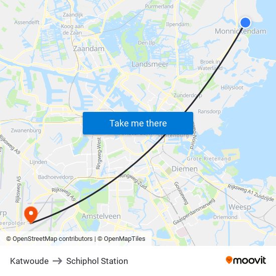 Katwoude to Schiphol Station map