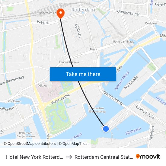 Hotel New York Rotterdam to Rotterdam Centraal Station map