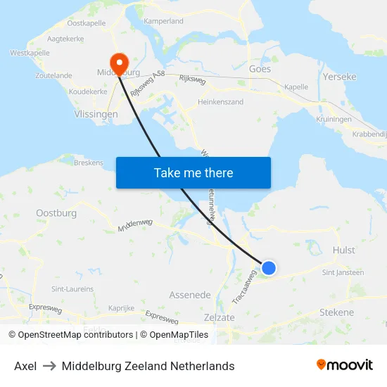 Axel to Middelburg Zeeland Netherlands map