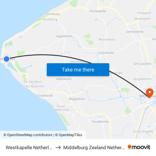 Westkapelle Netherlands to Middelburg Zeeland Netherlands map