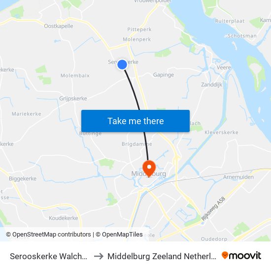 Serooskerke Walcheren to Middelburg Zeeland Netherlands map