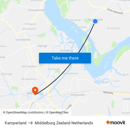 Kamperland to Middelburg Zeeland Netherlands map