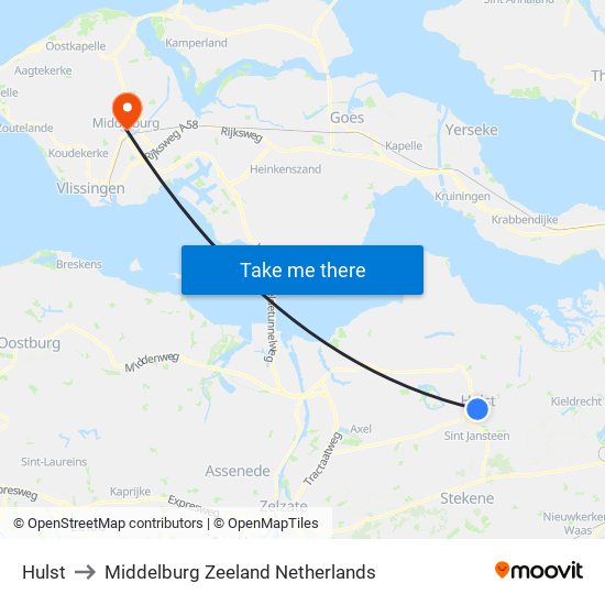 Hulst to Middelburg Zeeland Netherlands map