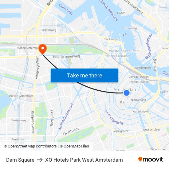 Dam Square to XO Hotels Park West Amsterdam map