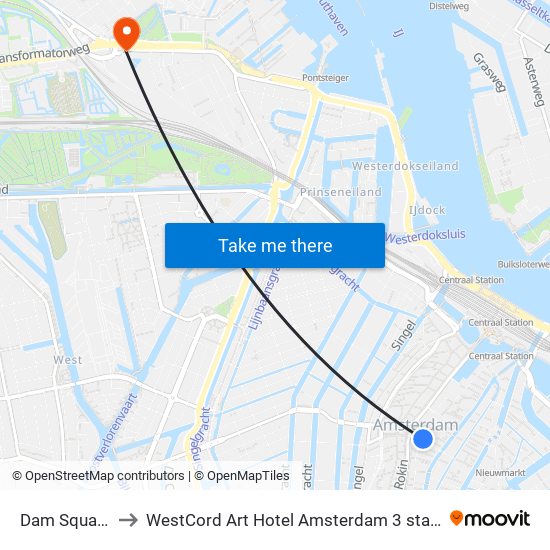 Dam Square to WestCord Art Hotel Amsterdam 3 stars map