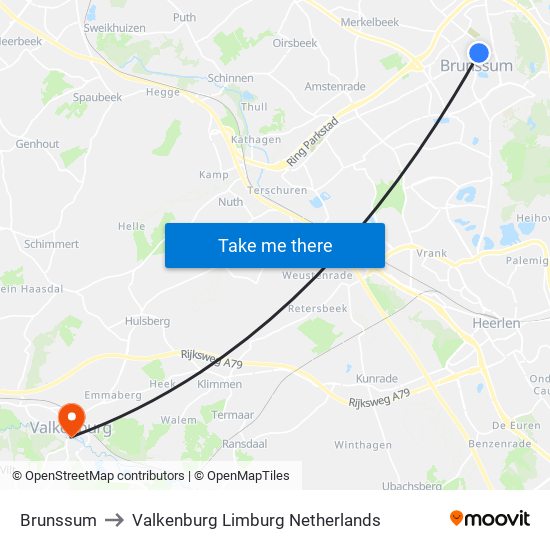 Brunssum to Valkenburg Limburg Netherlands map