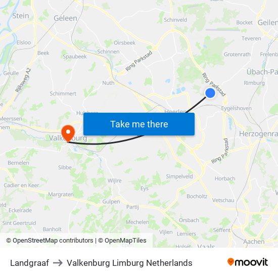 Landgraaf to Valkenburg Limburg Netherlands map