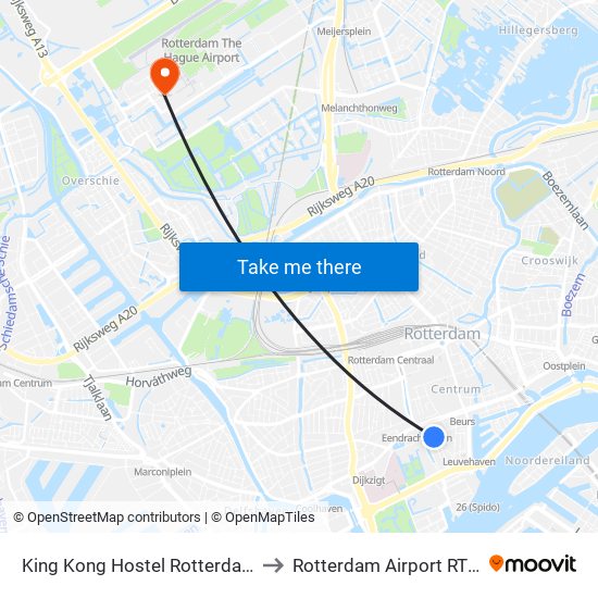 King Kong Hostel Rotterdam to Rotterdam Airport RTM map