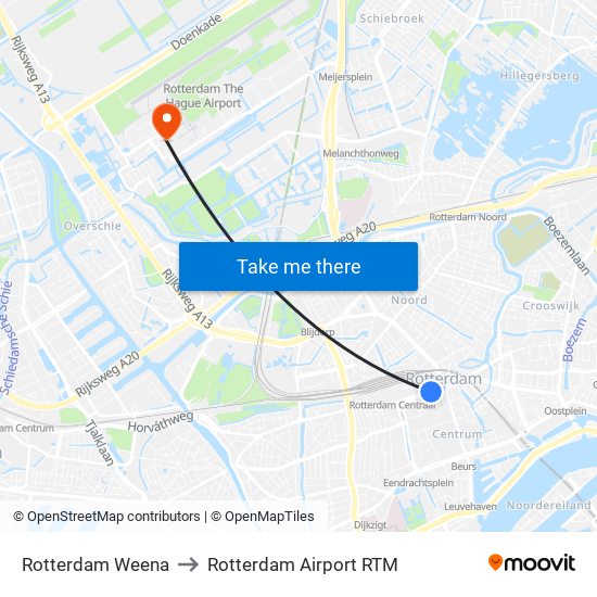 Rotterdam Weena to Rotterdam Airport RTM map