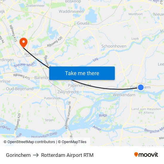 Gorinchem to Rotterdam Airport RTM map