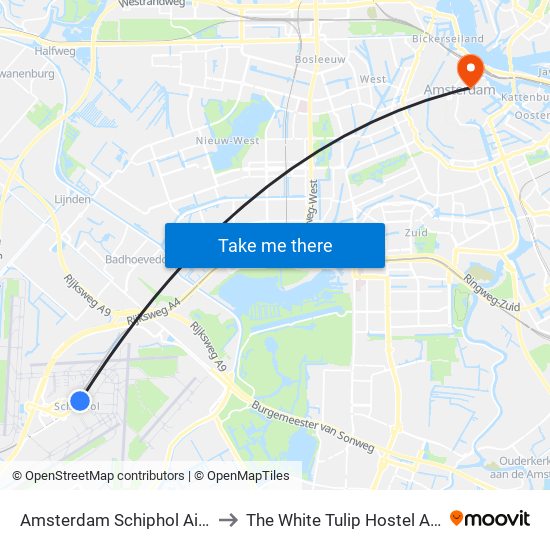 Amsterdam Schiphol Airport AMS to The White Tulip Hostel Amsterdam map