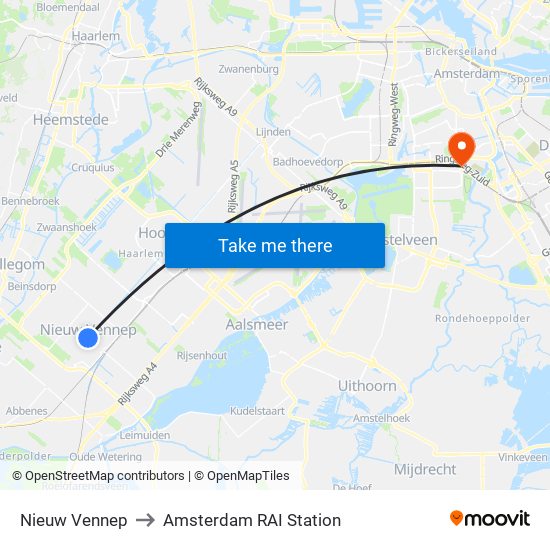 Nieuw Vennep to Amsterdam RAI Station map