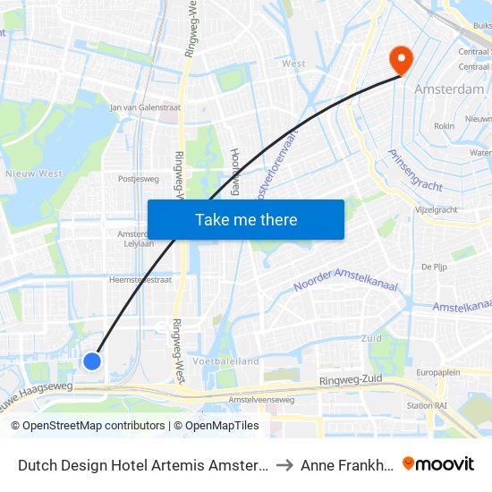 Dutch Design Hotel Artemis Amsterdam to Anne Frankhuis map