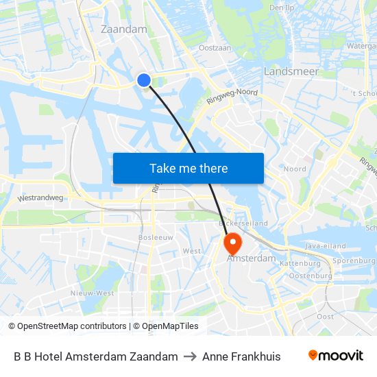 B B Hotel Amsterdam Zaandam to Anne Frankhuis map