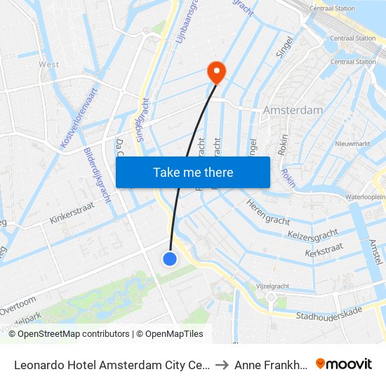 Leonardo Hotel Amsterdam City Center to Anne Frankhuis map