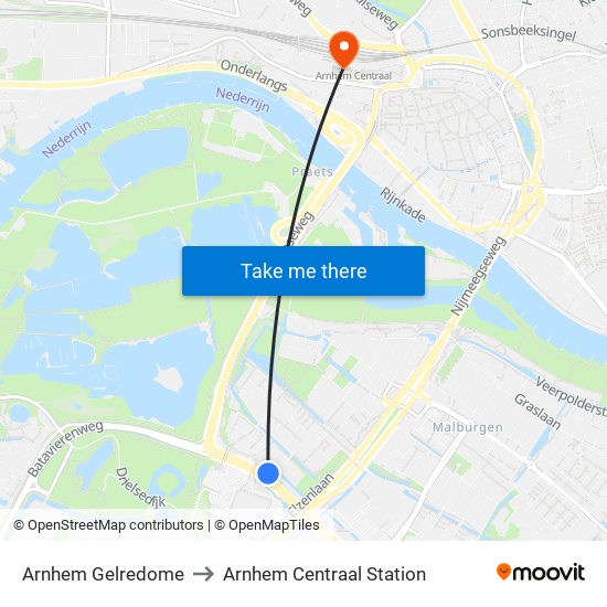 Arnhem Gelredome to Arnhem Centraal Station map