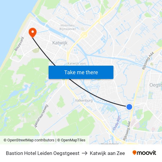Bastion Hotel Leiden Oegstgeest to Katwijk aan Zee map