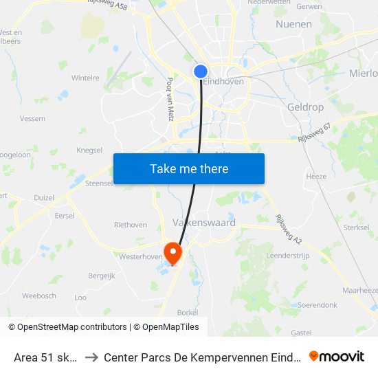 Area 51 skatepark to Center Parcs De Kempervennen Eindhoven Westerhoven map
