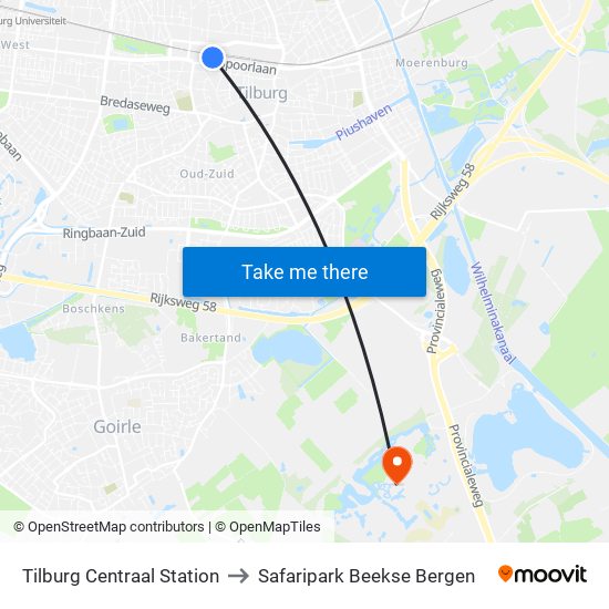 Centraal Station to Safaripark Beekse Bergen map