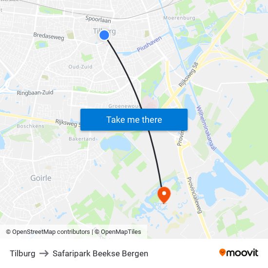 Tilburg to Safaripark Beekse Bergen map