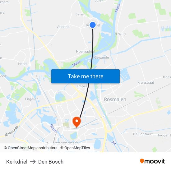 Kerkdriel to Den Bosch map