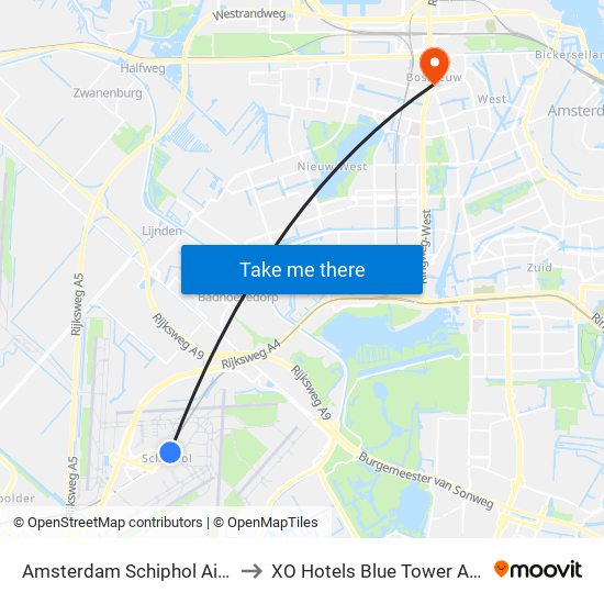 Amsterdam Schiphol Airport AMS to XO Hotels Blue Tower Amsterdam map