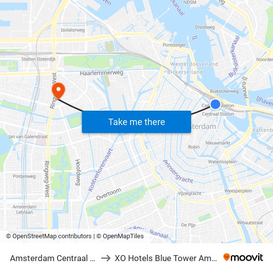 Amsterdam Centraal Station to XO Hotels Blue Tower Amsterdam map