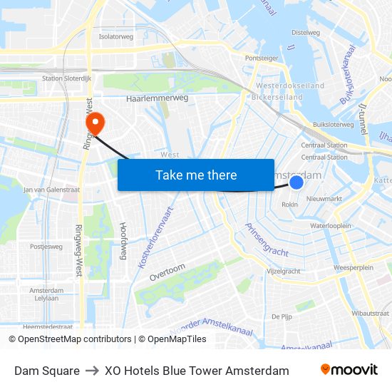 Dam Square to XO Hotels Blue Tower Amsterdam map