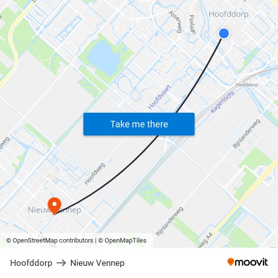 Hoofddorp to Nieuw Vennep map