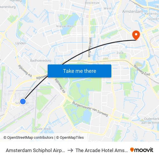 Amsterdam Schiphol Airport AMS to The Arcade Hotel Amsterdam map