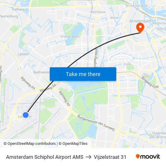 Amsterdam Schiphol Airport AMS to Vijzelstraat 31 map