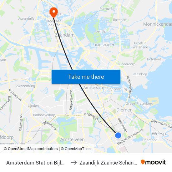 Amsterdam Station Bijlmer ArenA to Zaandijk Zaanse Schans Station map