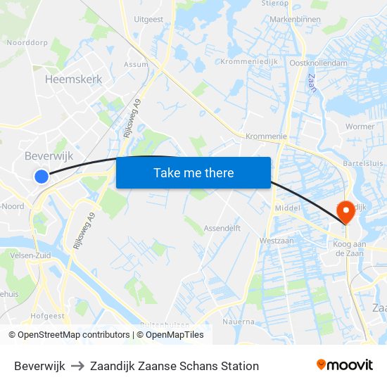 Beverwijk to Zaandijk Zaanse Schans Station map