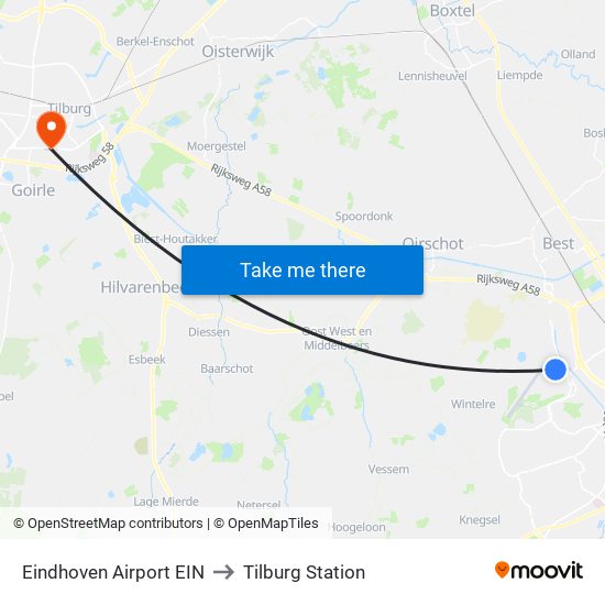 Eindhoven Airport EIN to Tilburg Station map