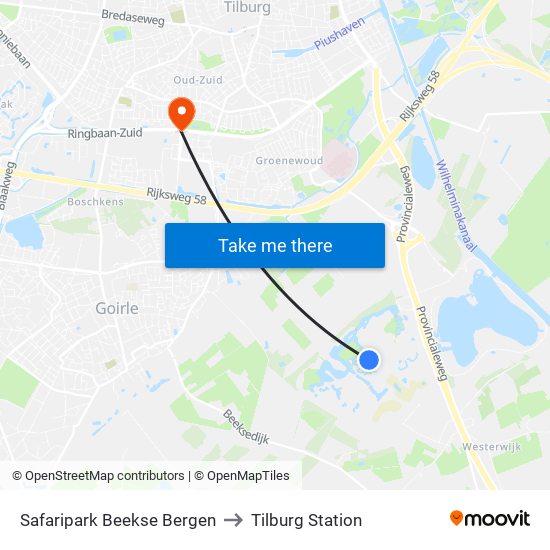 Safaripark Beekse Bergen to Tilburg Station map