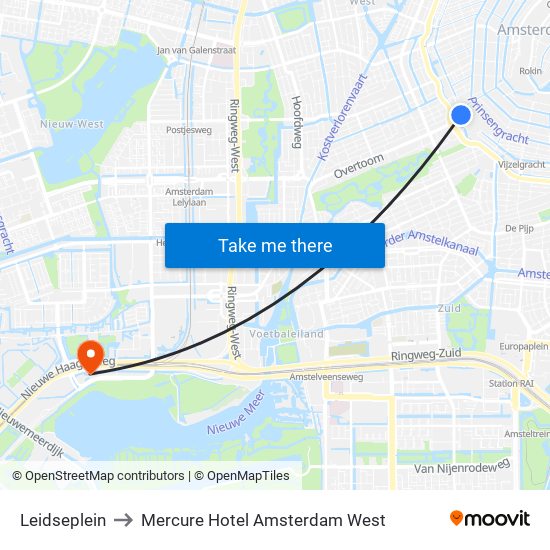 Leidseplein to Mercure Hotel Amsterdam West map