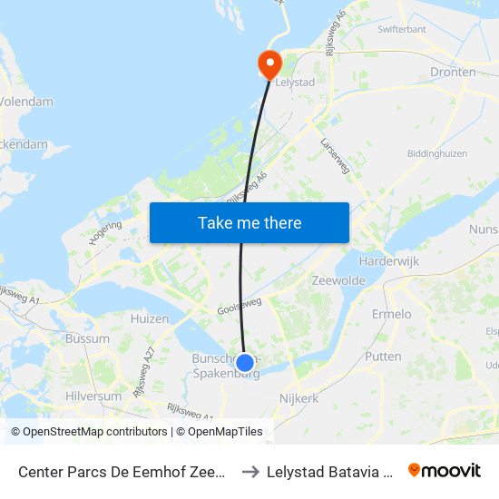 Center Parcs De Eemhof Zeewolde to Lelystad Batavia Stad map