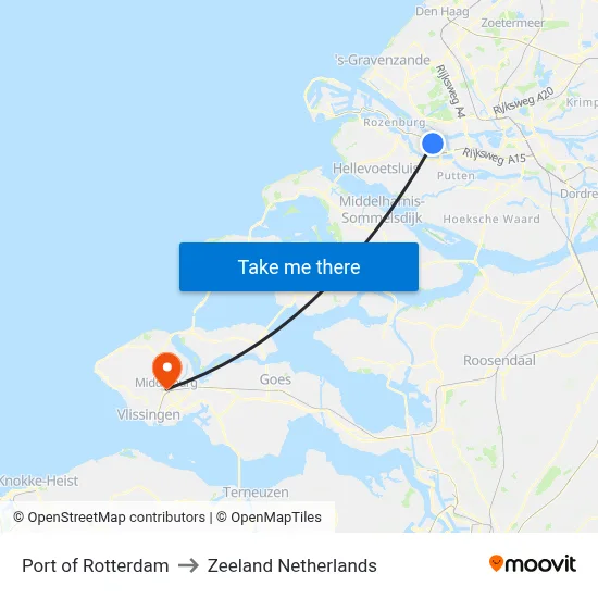 Port of Rotterdam to Zeeland Netherlands map