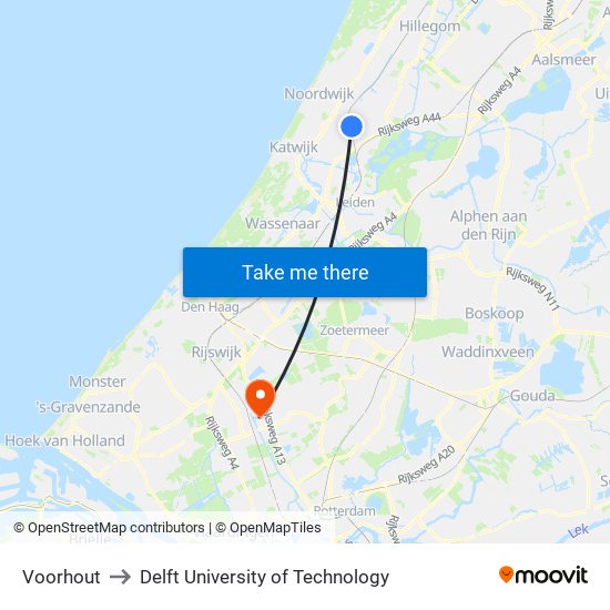 Voorhout to Delft University of Technology map