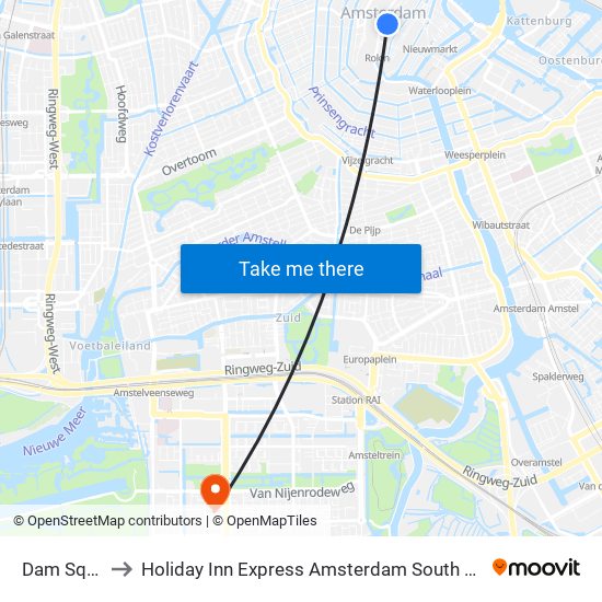 Dam Square to Holiday Inn Express Amsterdam South an IHG Hotel map