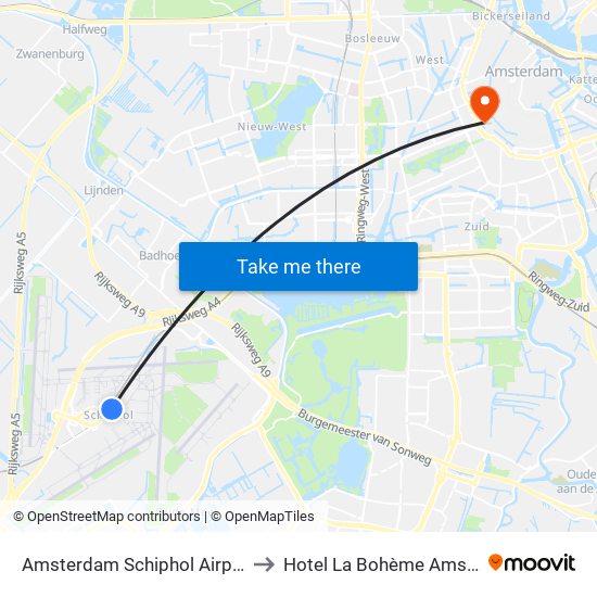 Amsterdam Schiphol Airport AMS to Hotel La Bohème Amsterdam map