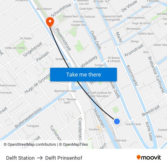 Delft Station to Delft Prinsenhof map