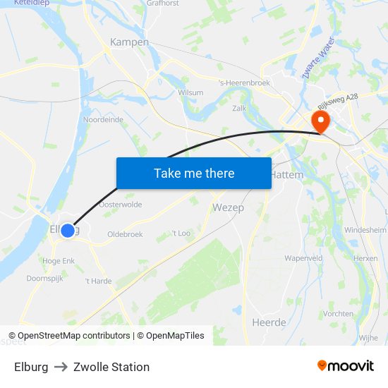 Elburg to Zwolle Station map